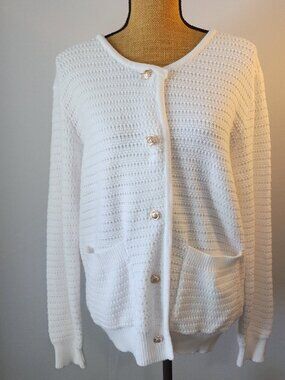 White Waffle Knit Cardigan Gold Crest Buttons XL